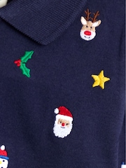 JoJo Maman Bébé Navy Blue Christmas Embroidered Polo Shirt - Image 3 of 3
