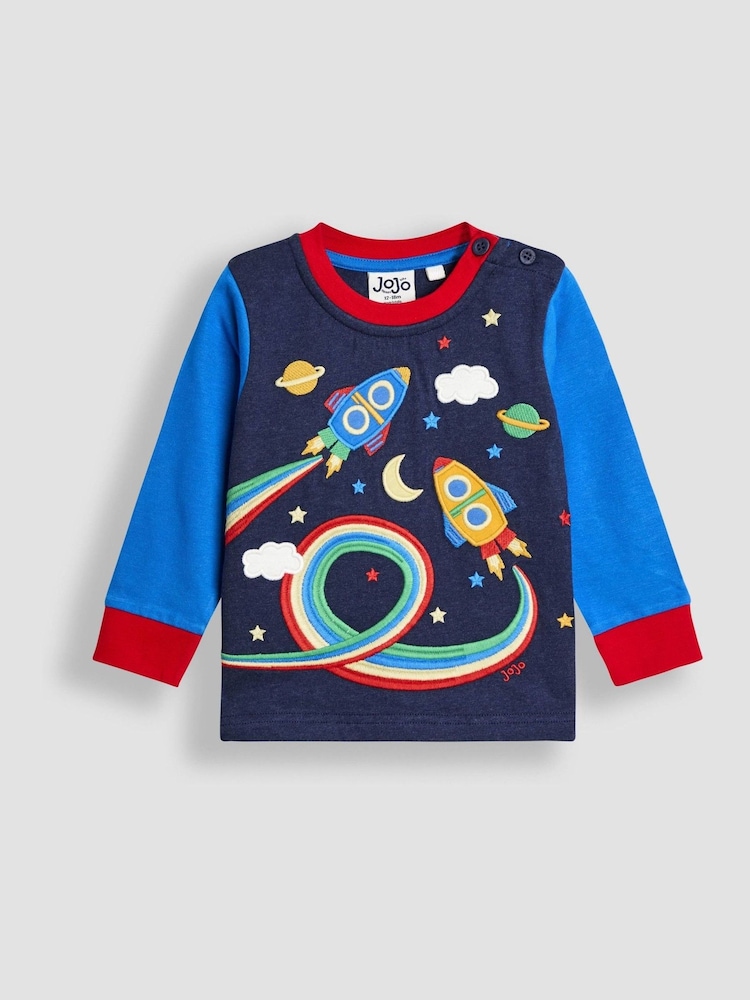 JoJo Maman Bébé Navy Blue Rocket Appliqué Top - Image 1 of 3 JoJo Maman Bébé Navy Blue Rocket Appliqué Top - Image 1 of 3