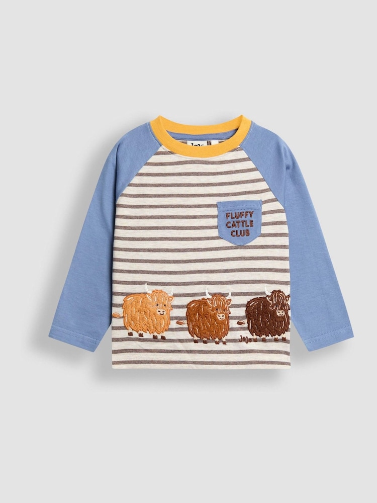 JoJo Maman Bébé Blue Highland Cow Appliqué & Embroidered Pocket Top - Image 1 of 4 JoJo Maman Bébé Blue Highland Cow Appliqué & Embroidered Pocket Top - Image 1 of 4