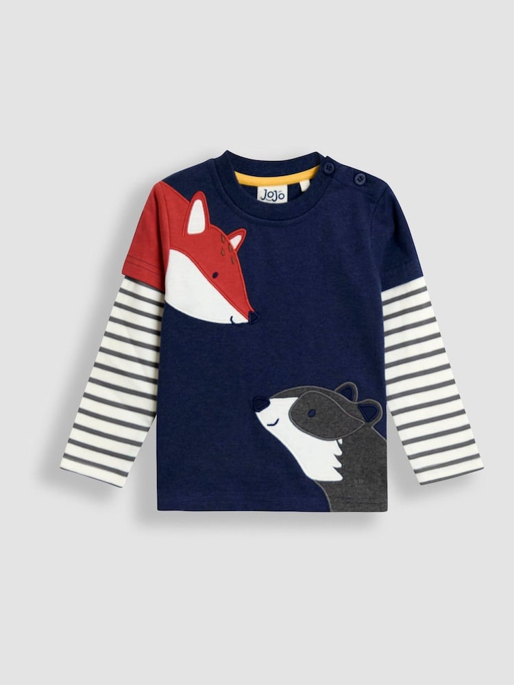 JoJo Maman Bébé Navy Blue Fox & Badger Mock Sleeve Appliqué Top - Image 1 of 3 JoJo Maman Bébé Navy Blue Fox & Badger Mock Sleeve Appliqué Top - Image 1 of 3