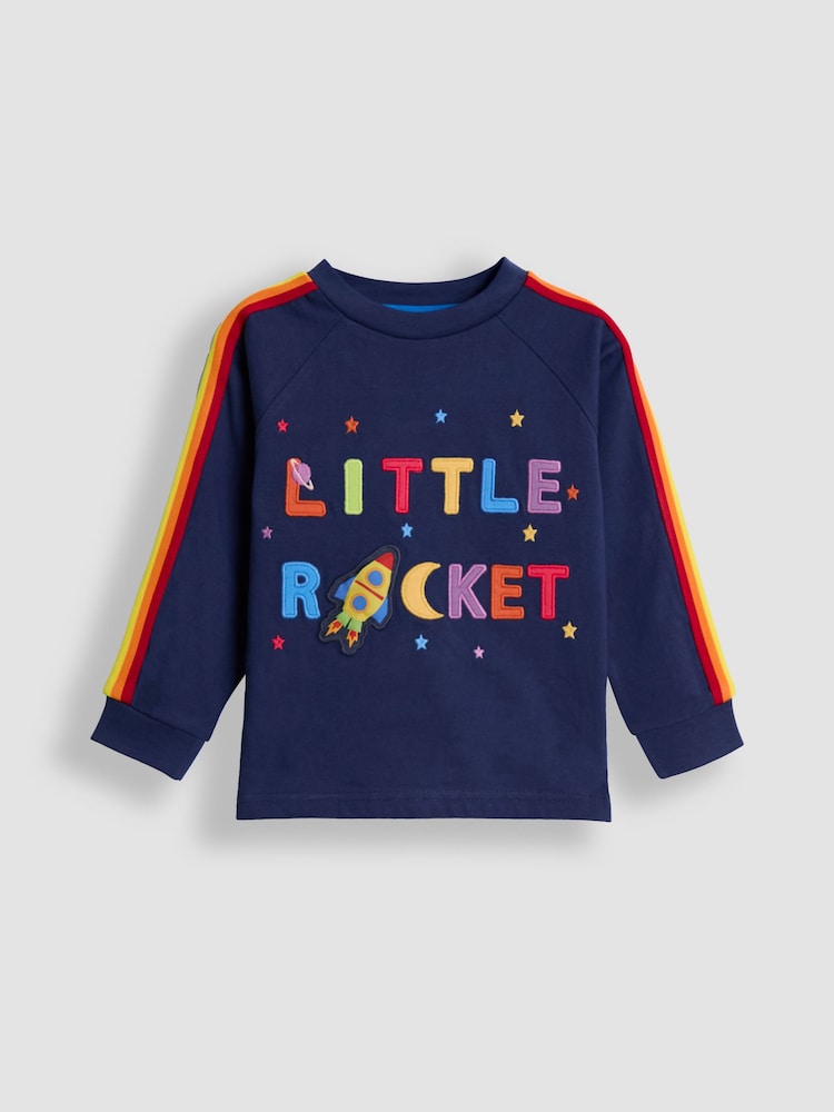 JoJo Maman Bébé Navy Blue Rocket Rainbow Trim Appliqué Top - Image 1 of 6 JoJo Maman Bébé Navy Blue Rocket Rainbow Trim Appliqué Top - Image 1 of 6
