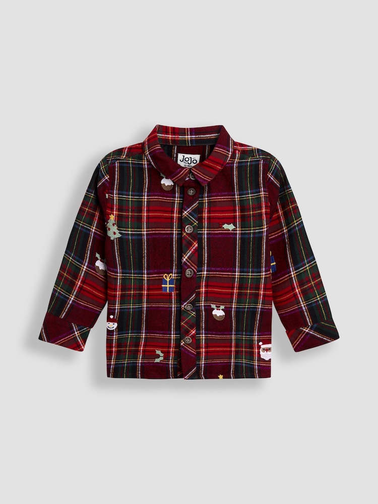 JoJo Maman Bébé Red Embroidered Check Christmas Shirt - Image 1 of 4