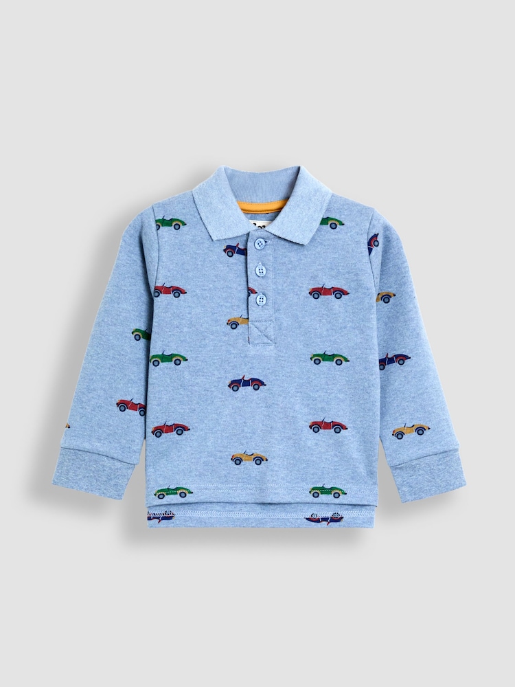 JoJo Maman Bébé Blue Classic Car Printed Polo Shirt - Image 1 of 3 JoJo Maman Bébé Blue Classic Car Printed Polo Shirt - Image 1 of 3