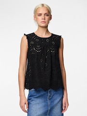 PIECES Black Sleeveless Broderie Anglaise Top - Image 1 of 6