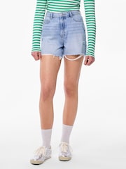 PIECES Blue High Waist Distressed Denim Shorts - Image 1 of 4