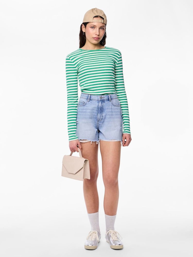PIECES Blue High Waist Distressed Denim Shorts - Image 2 of 4