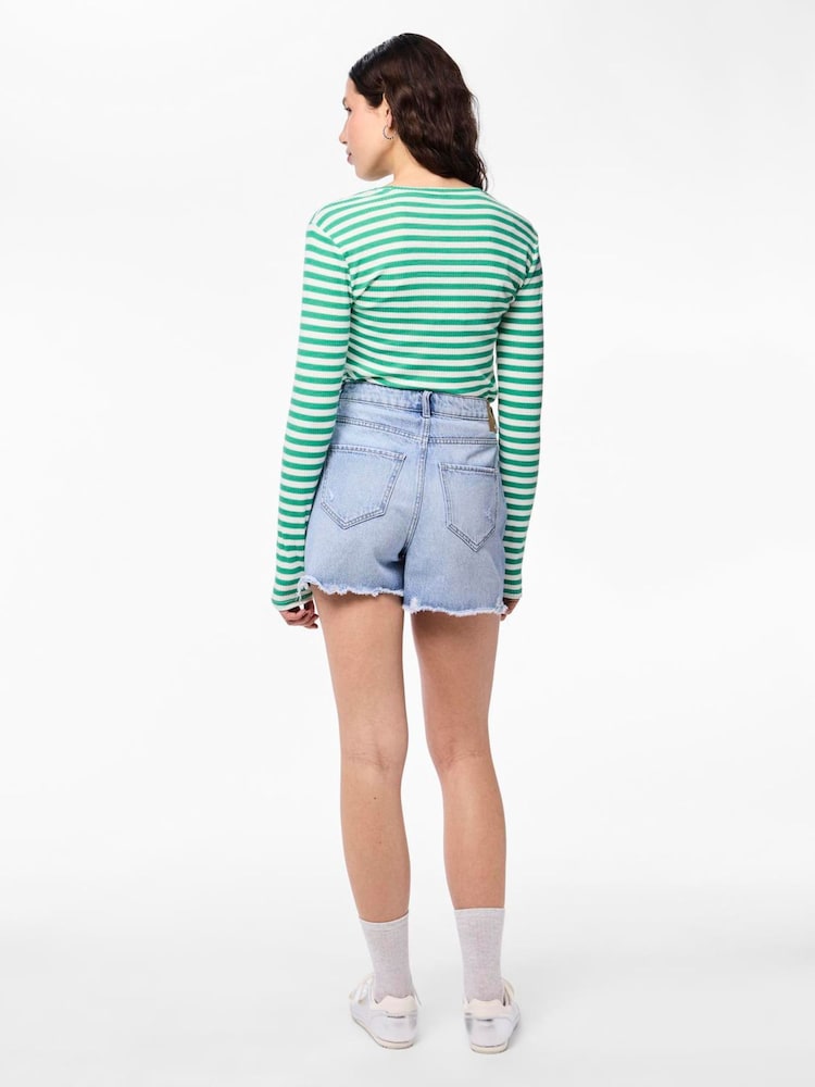 PIECES Blue High Waist Distressed Denim Shorts - Image 4 of 4