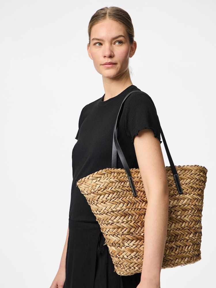 PIECES Brown Straw Shopper Bag - Image 1 of 2