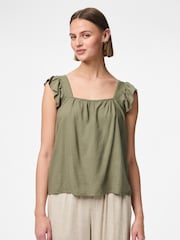PIECES Green Linen Blend Frill Sleeve Vest Top - Image 1 of 3