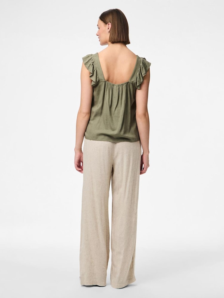 PIECES Green Linen Blend Frill Sleeve Vest Top - Image 2 of 3