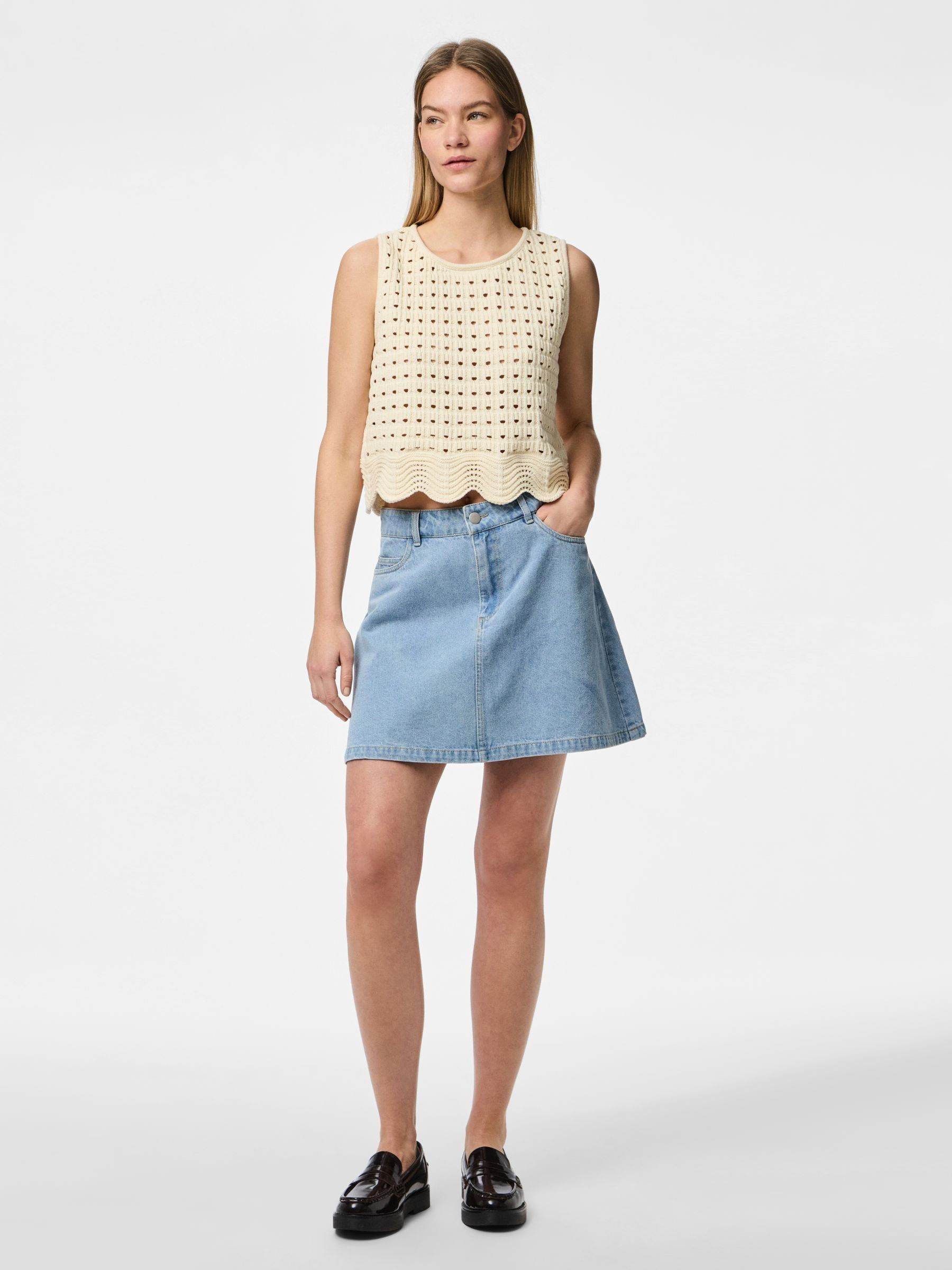 PIECES Blue 100% Cotton A Line Denim Mini Skirt