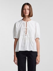 PIECES White Puff Sleeve Tie Front 100% Cotton Top - Image 1 of 4