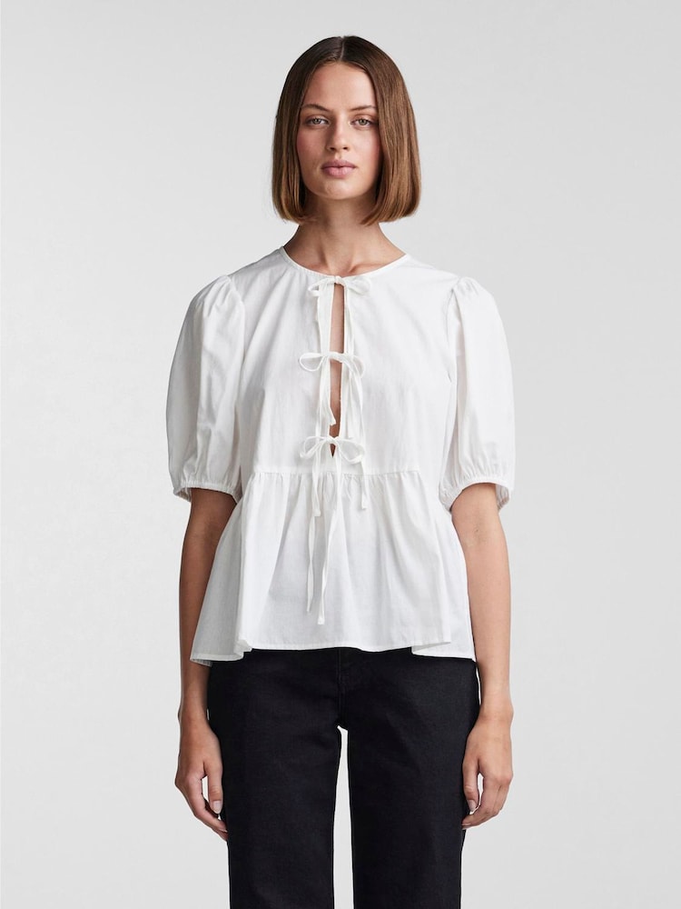 PIECES White Puff Sleeve Tie Front 100% Cotton Top - Image 1 of 4