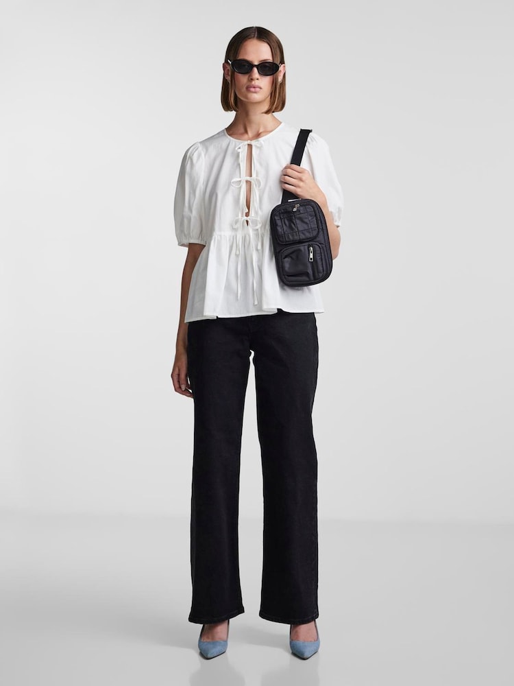 PIECES White Puff Sleeve Tie Front 100% Cotton Top - Image 2 of 4