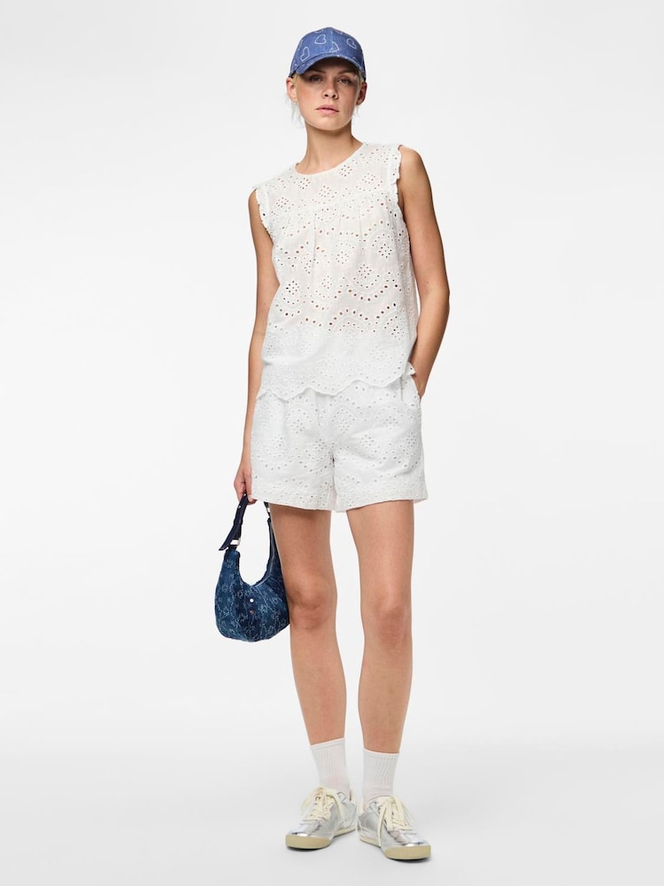 PIECES White 100% Cotton Sleeveless Broderie Anglaise Top - Image 1 of 4