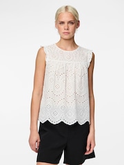 PIECES White 100% Cotton Sleeveless Broderie Anglaise Top - Image 2 of 4