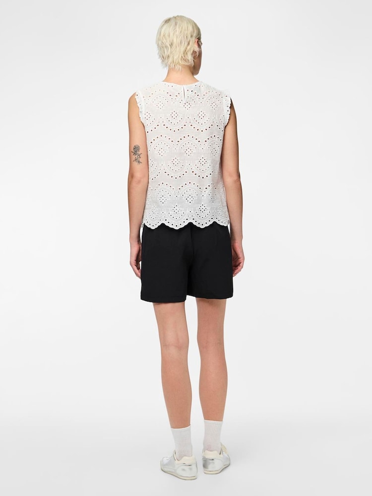 PIECES White 100% Cotton Sleeveless Broderie Anglaise Top - Image 3 of 4