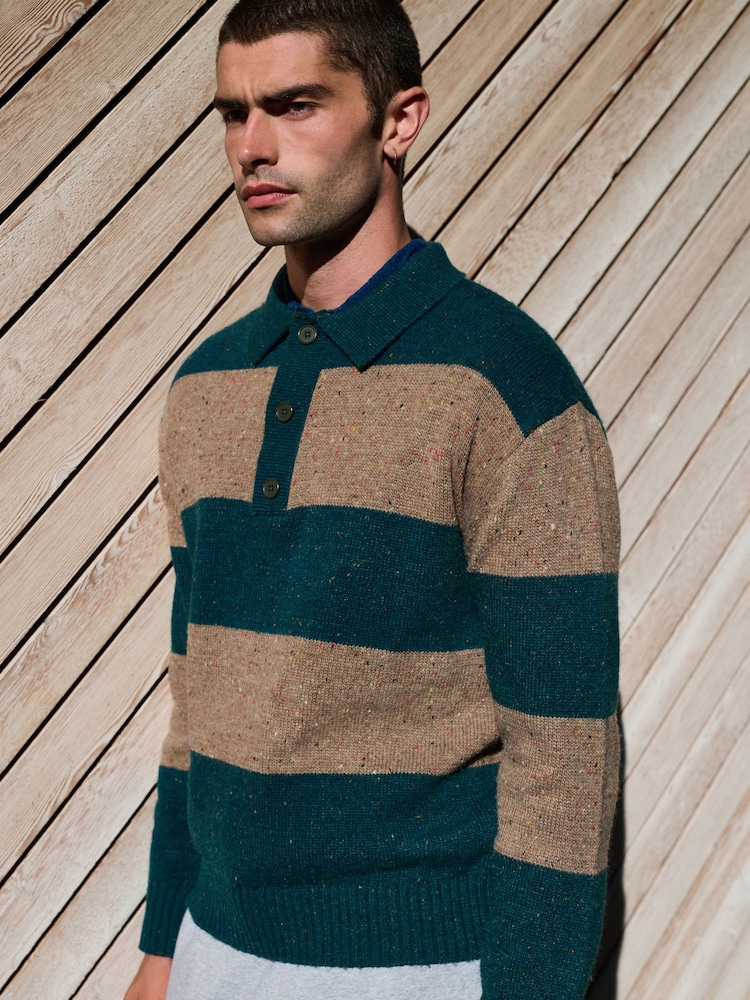 Teal Blue/Brown - Relaxed Fit Neppy Stripe Knitted Rugby Polo Shirt - صورة 1 من 10 Teal Blue/Brown - Relaxed Fit Neppy Stripe Knitted Rugby Polo Shirt - صورة 1 من 10