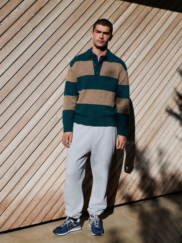 Teal Blue/Brown - Relaxed Fit Neppy Stripe Knitted Rugby Polo Shirt - صورة 2 من 10 Teal Blue/Brown - Relaxed Fit Neppy Stripe Knitted Rugby Polo Shirt - صورة 2 من 10
