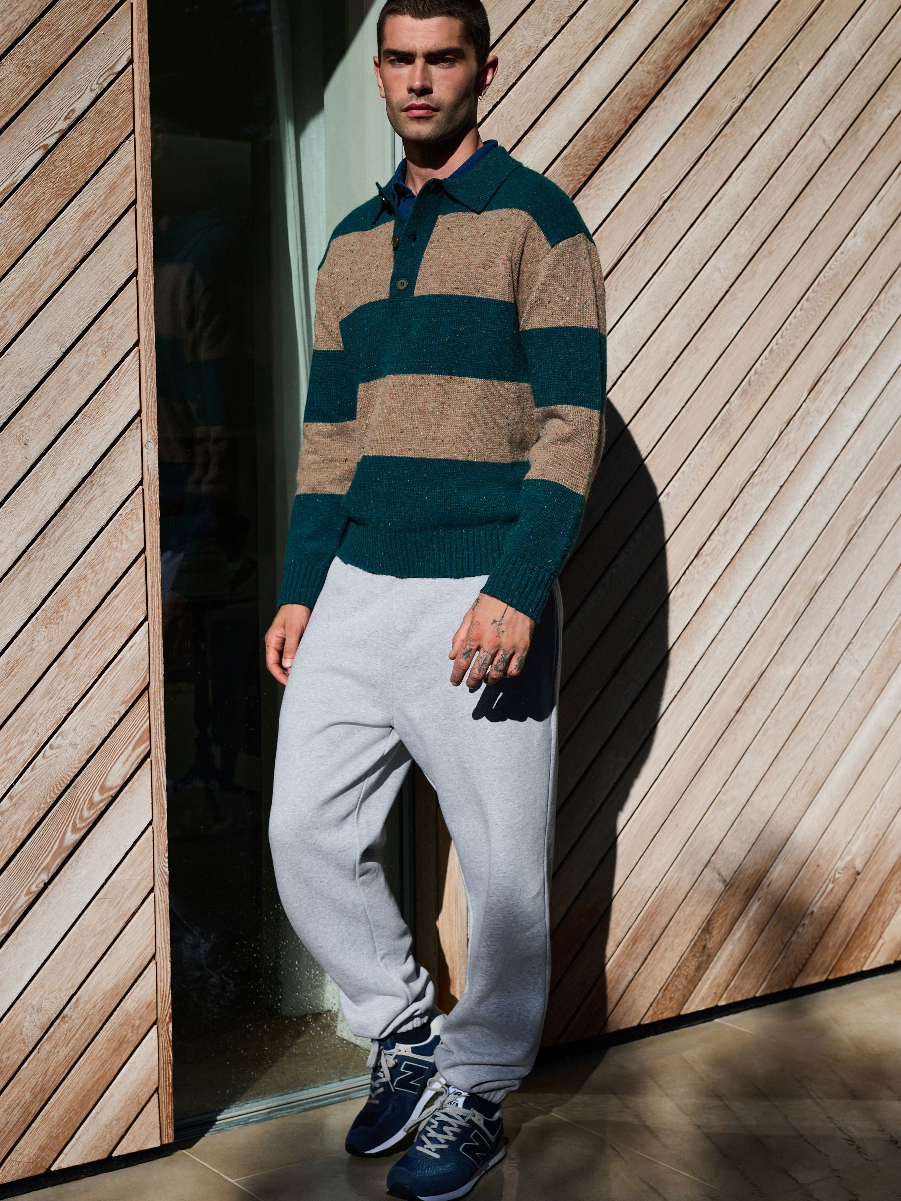 Buy Teal Blue/Brown Relaxed Fit Neppy Stripe Knitted Rugby Polo