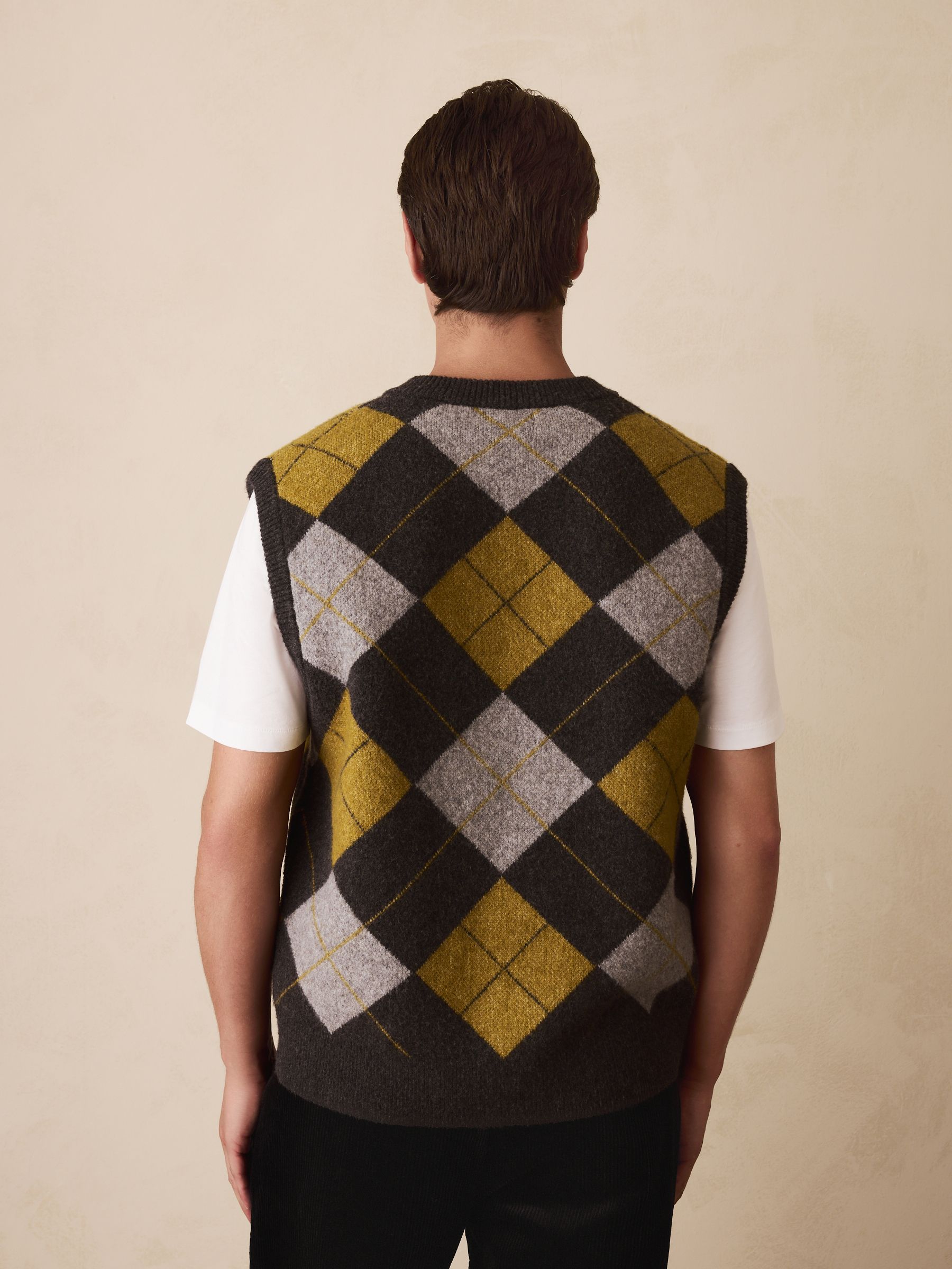 Buy Charcoal Grey/Ochre Yellow Relaxed Fit Argyle Knitted V-Neck