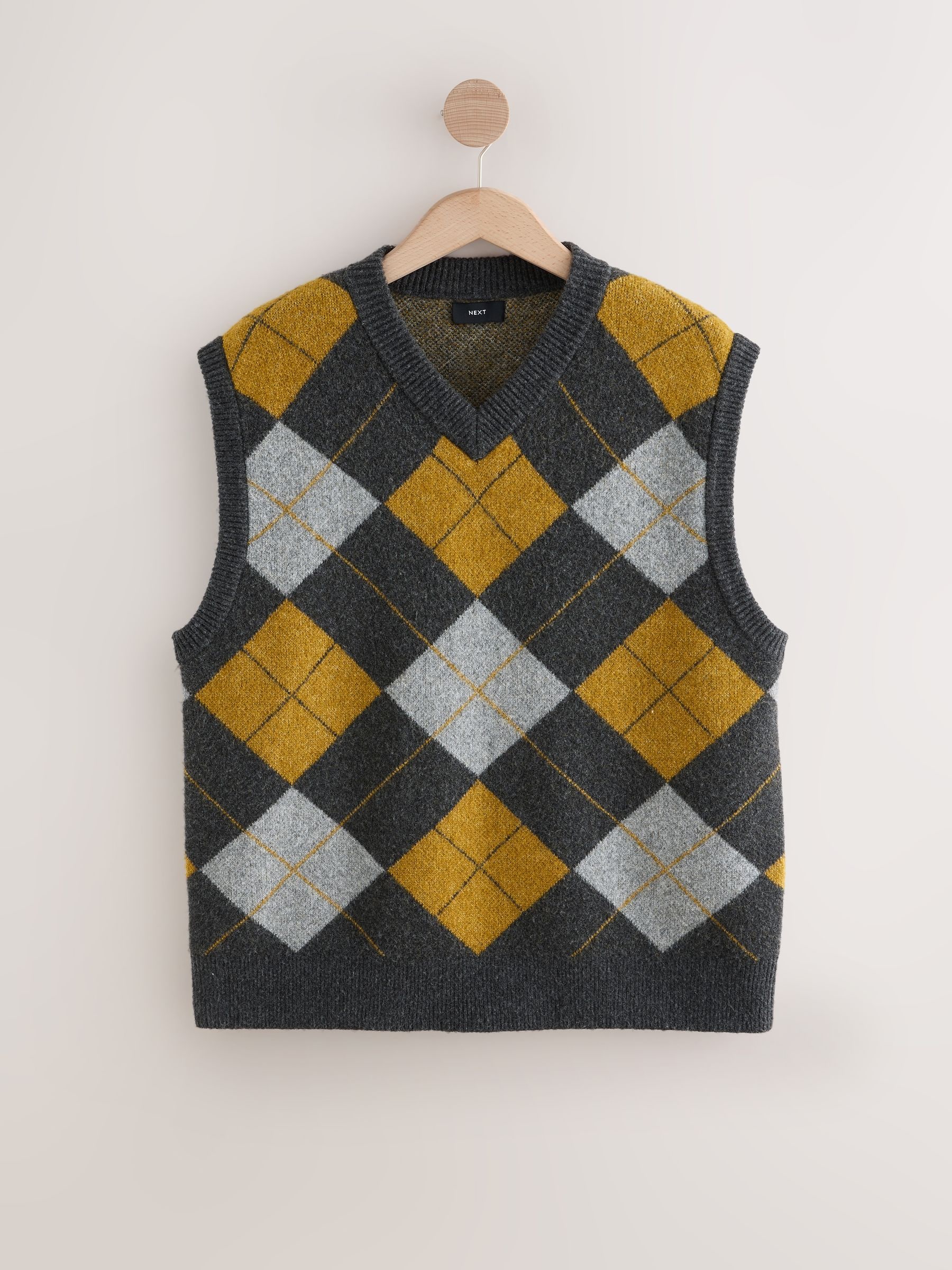 Buy Charcoal Grey/Ochre Yellow Relaxed Fit Argyle Knitted V-Neck
