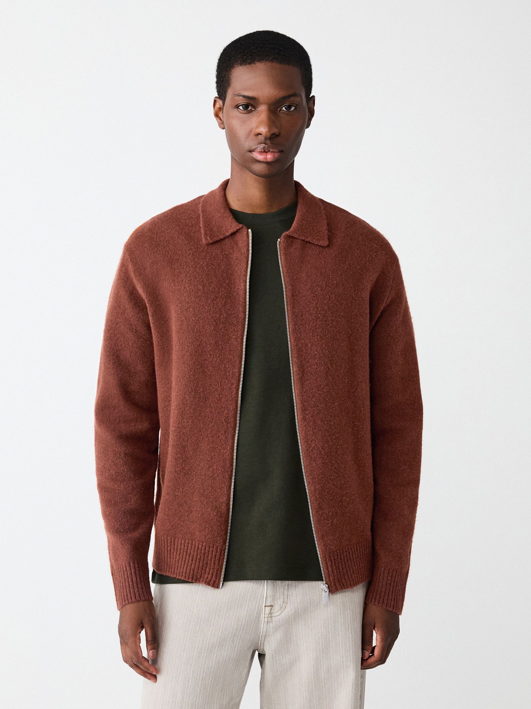 Buy Rust Brown Plain Relaxed Fit Cosy Zip Through Collared