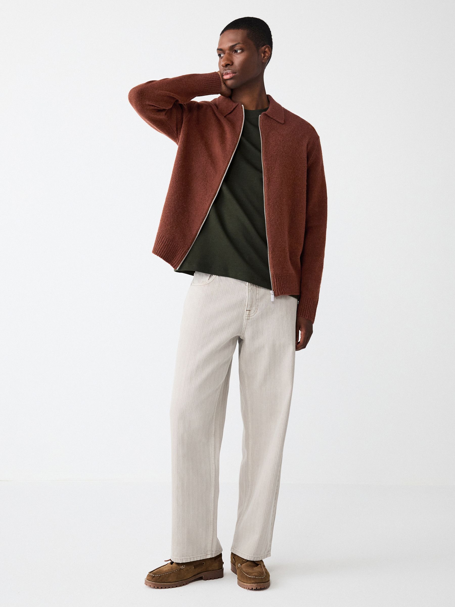 Buy Rust Brown Plain Relaxed Fit Cosy Zip Through Collared