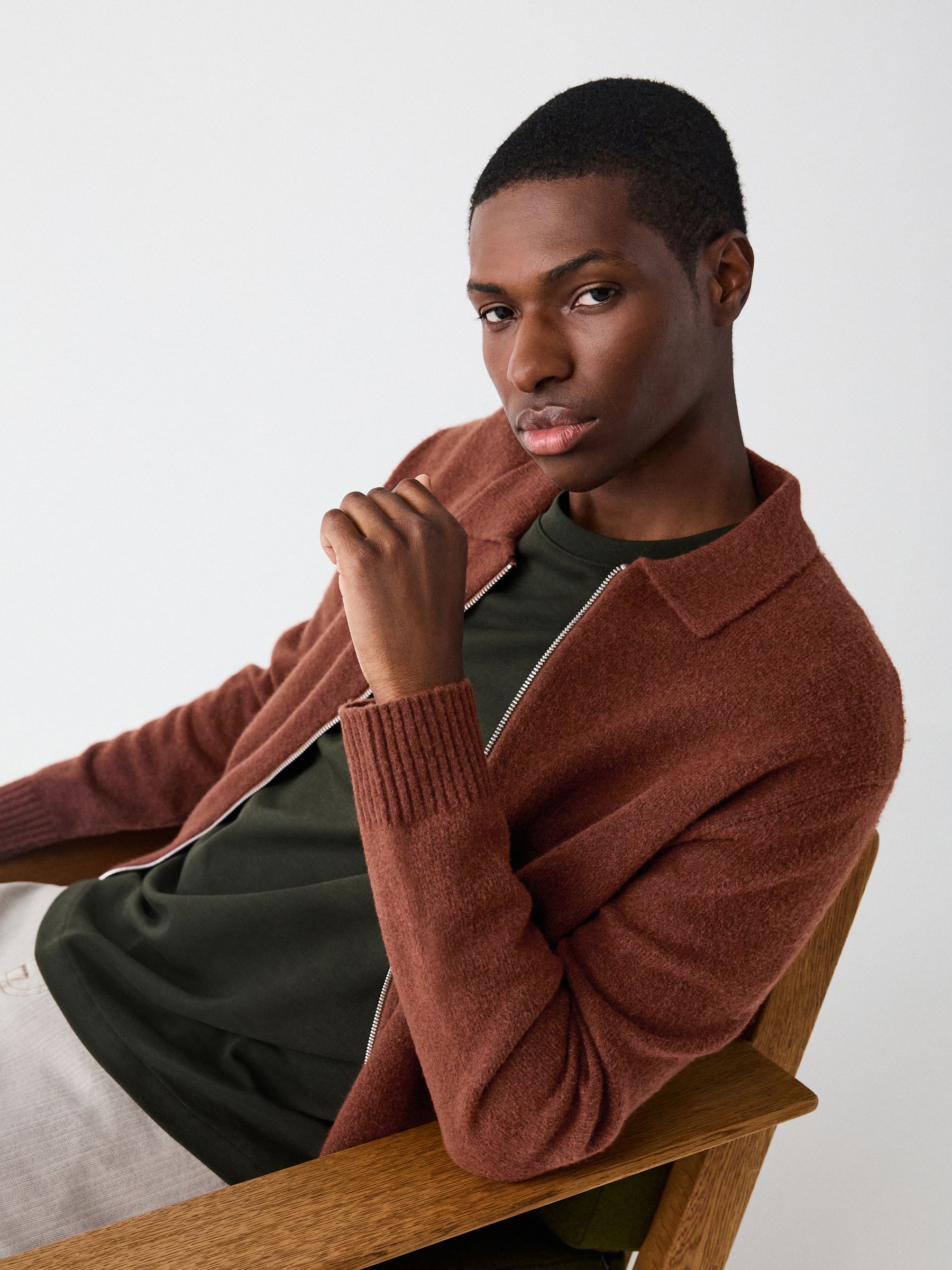 Buy Rust Brown Plain Relaxed Fit Cosy Zip Through Collared