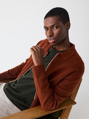 Rust Brown Plain Relaxed Fit Cosy Zip Through Collared Cardigan with Wool - Image 4 of 5