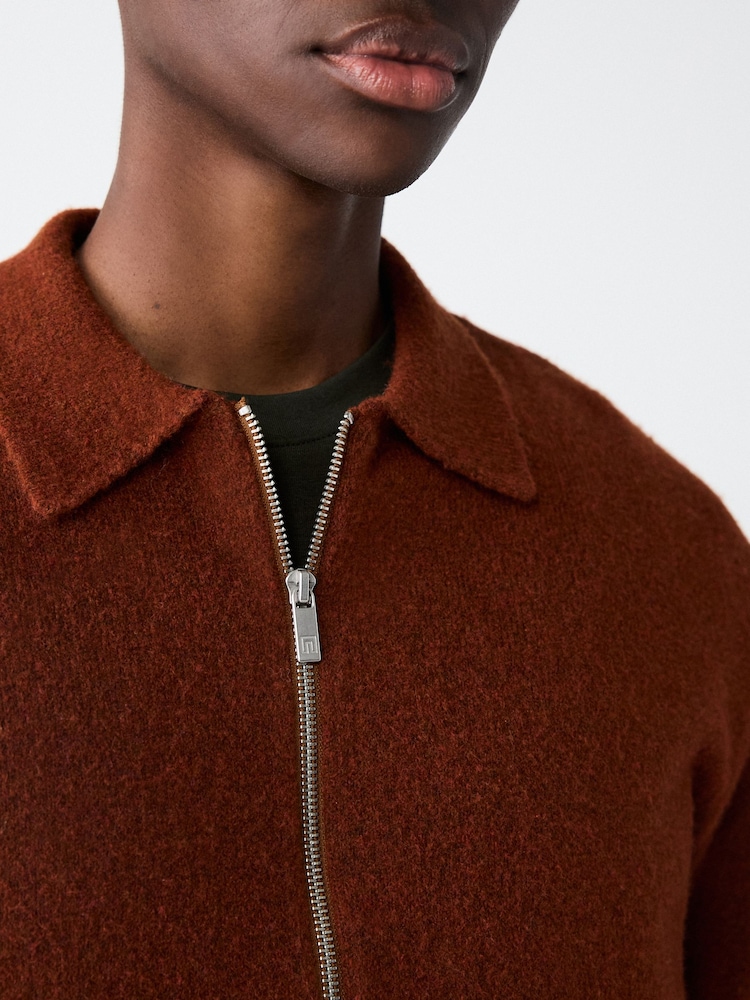 Rust Brown Plain Relaxed Fit Cosy Zip Through Collared Cardigan with Wool - Image 5 of 5