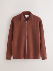 Rust Brown Plain Relaxed Fit Cosy Zip Through Collared Cardigan with Wool - Image 6 of 8