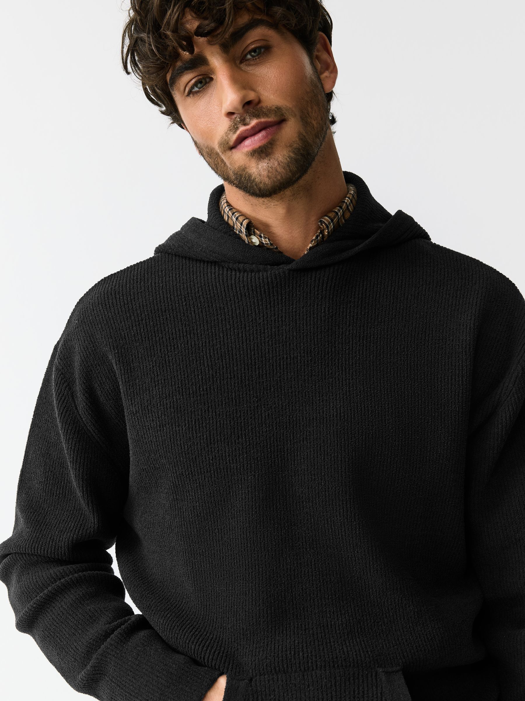Buy Black Regular Fit Rib Chenille Knit Overhead Hoodie from the
