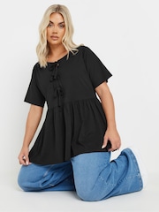 Yours Curve Black Bow Front Peplum 100% Cotton T-Shirt - Image 1 of 5