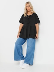 Yours Curve Black Bow Front Peplum 100% Cotton T-Shirt - Image 2 of 5