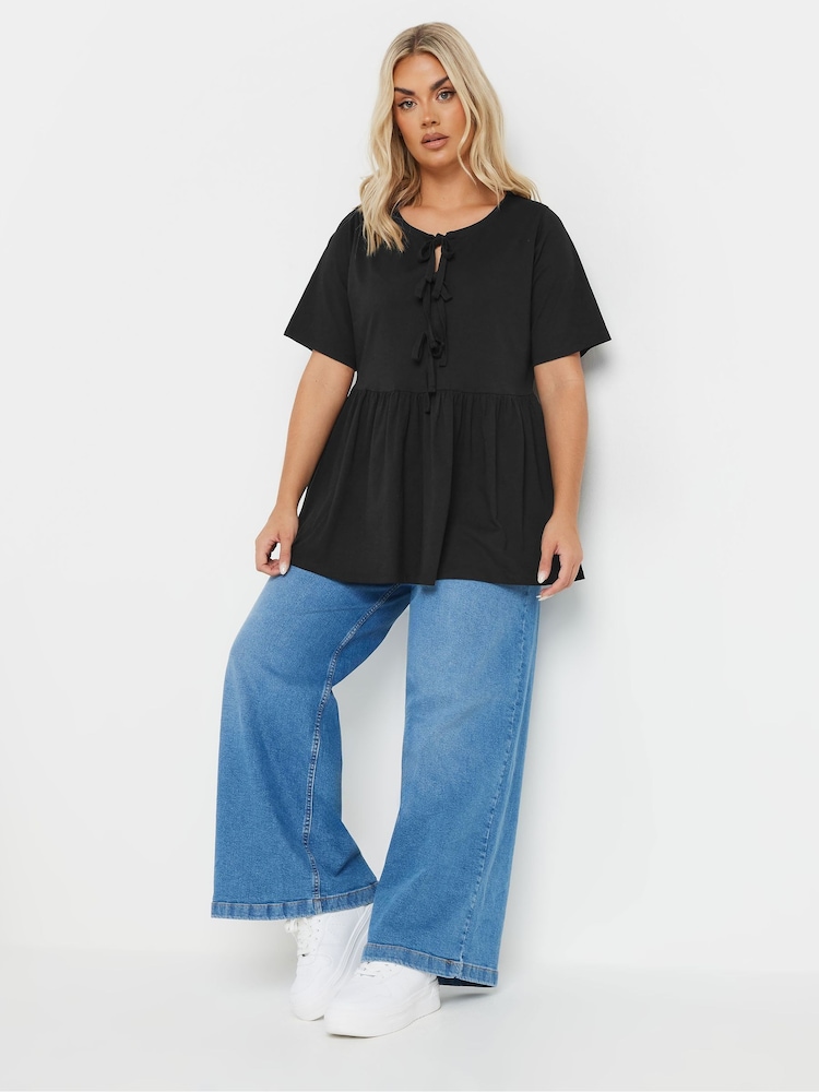 Yours Curve Black Bow Front Peplum 100% Cotton T-Shirt - Image 2 of 5