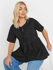 Yours Curve Black Bow Front Peplum 100% Cotton T-Shirt - Image 4 of 5