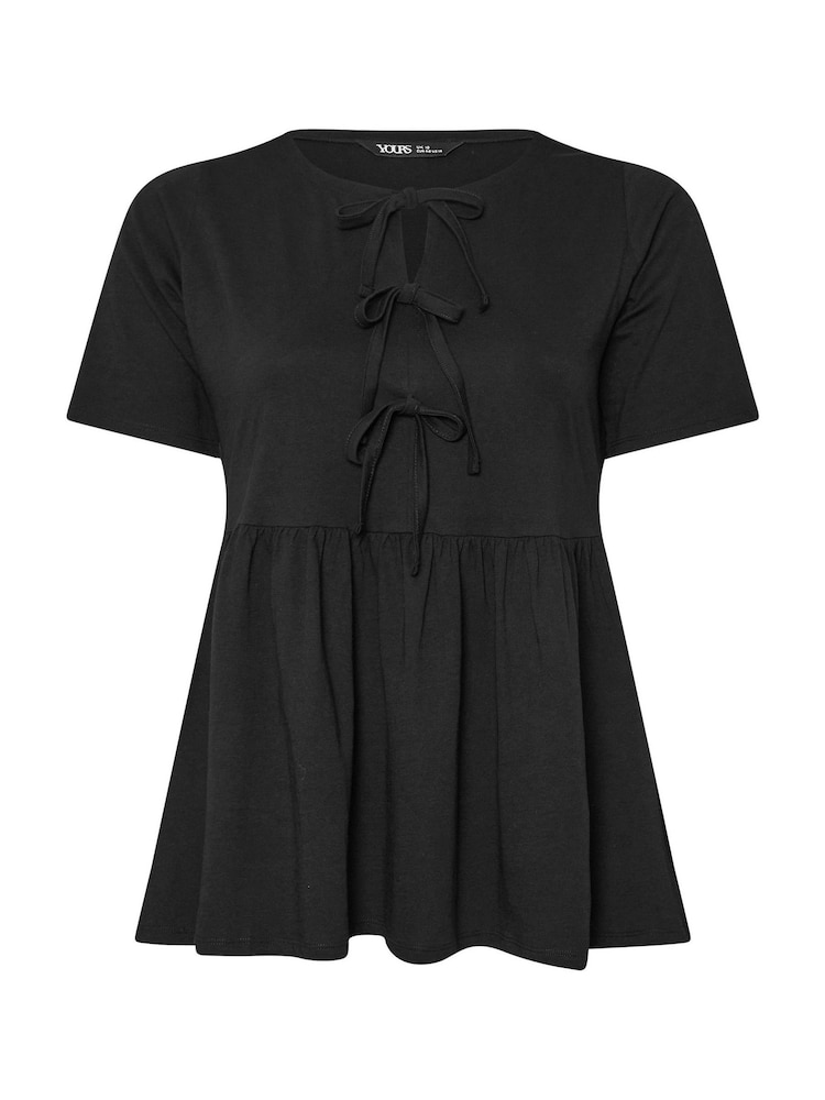 Yours Curve Black Bow Front Peplum 100% Cotton T-Shirt - Image 5 of 5