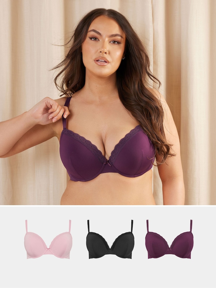 Yours Curve Pink Lace Trim T-Shirt Bras 3 Pack - Image 1 of 9 Yours Curve Pink Lace Trim T-Shirt Bras 3 Pack - Image 1 of 9