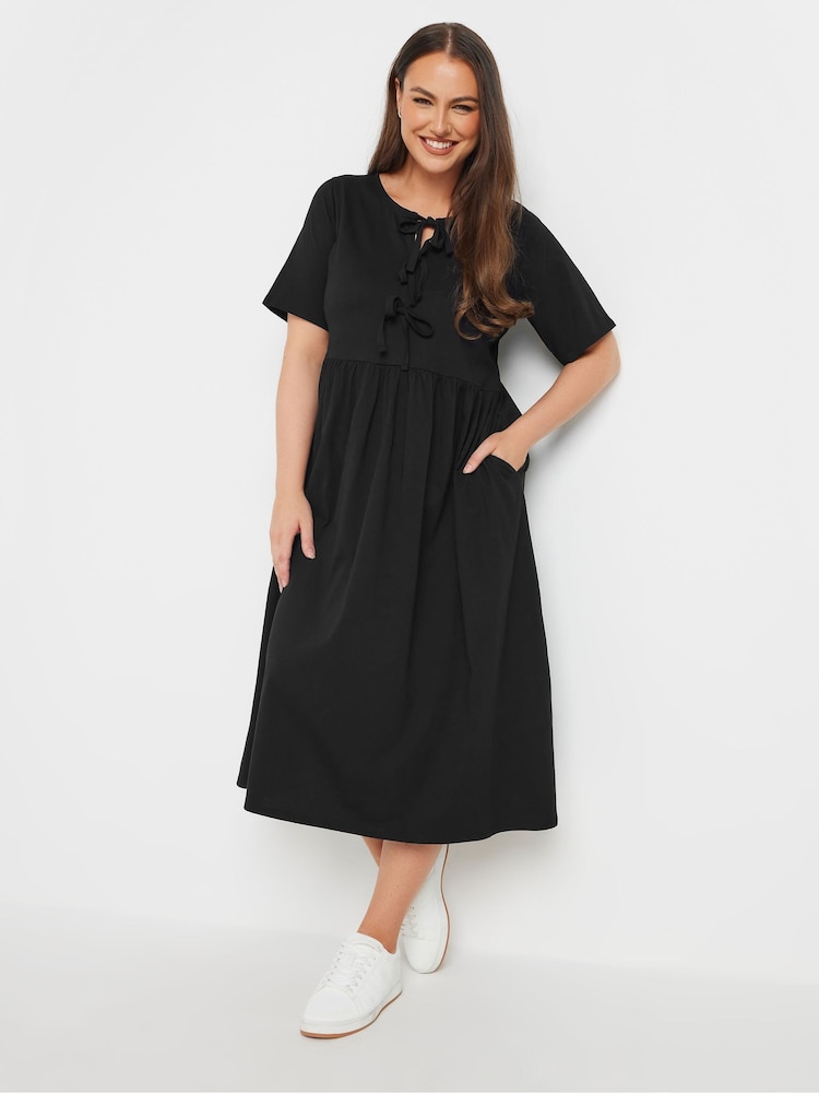 Yours Curve Black Bow Front Throw On 100% Cotton Dress - Image 1 of 5