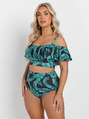 Yours Curve Green Bardot Frill Bikini Top - Image 1 of 7