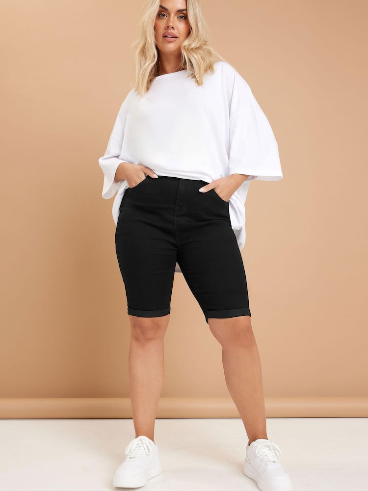 Yours Curve Black Basic Denim Shorts - Image 1 of 5