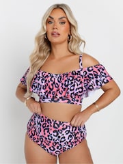 Yours Curve Pink Bardot Frill Bikini Top - Image 1 of 7