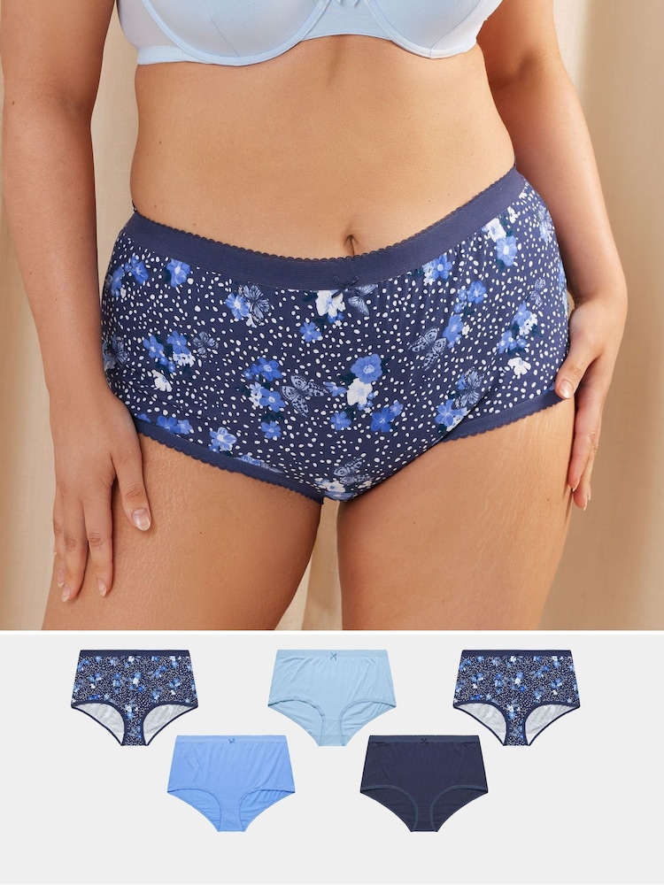 Yours Curve Blue Butterfly Full 100% Cotton Briefs 5 Pack - Image 1 of 9 Yours Curve Blue Butterfly Full 100% Cotton Briefs 5 Pack - Image 1 of 9