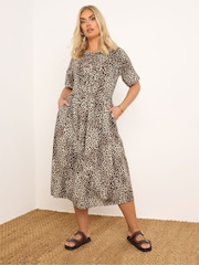 Yours Curve Brown Bow Front Throw On 100% Cotton Dress - Image 1 of 5