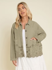 Yours Curve Green 100% Cotton Broider Twill Shacket - Image 1 of 4