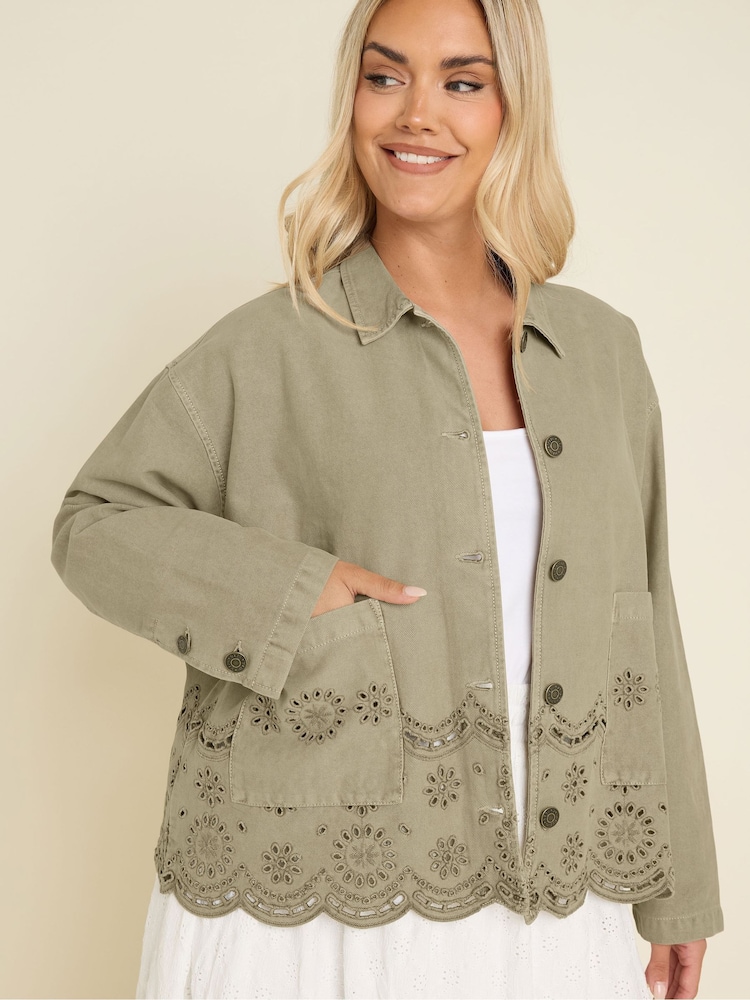 Yours Curve Green 100% Cotton Broider Twill Shacket - Image 4 of 4
