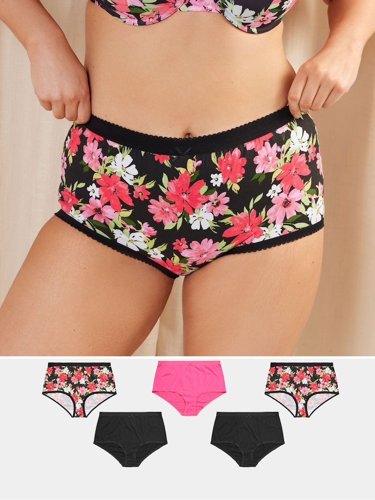Yours Curve Pink Floral Full 100% Cotton Briefs 5 Pack - Image 1 of 9