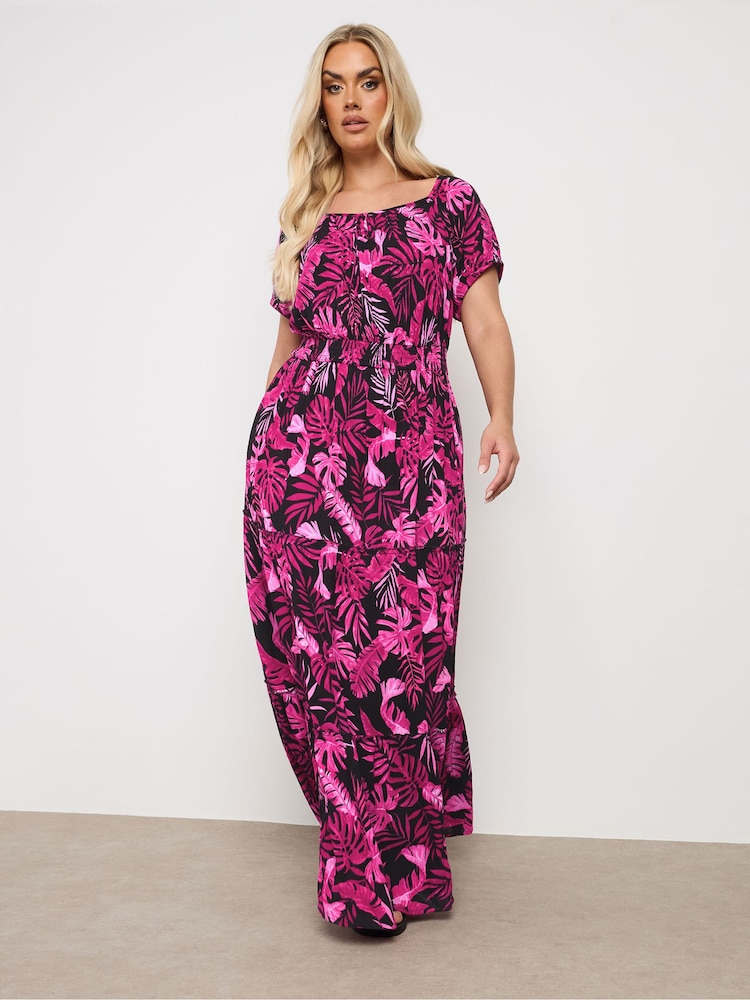 Yours Curve Pink Boho Bardot Maxi Dress - Image 2 of 5