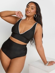 Yours Curve Black Blanket Stitch Plunge Bikini Top - Image 1 of 7